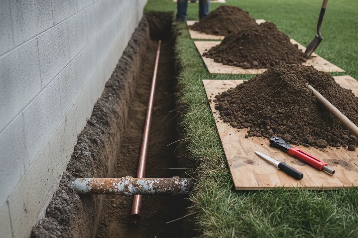 Excavated water line trench during Water Heater Repair in Westernville